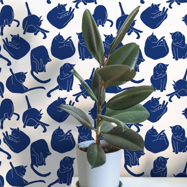 青と白の猫柄 壁紙 (Navy indigo blue and white cat wallpaper)