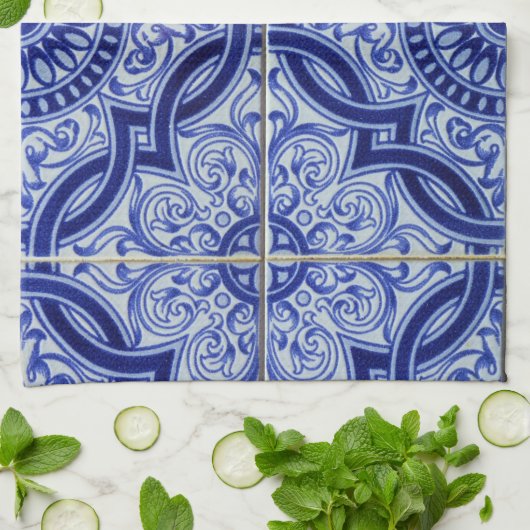 青と白の生地中海の鮮タイル模様 キッチンタオル (折り畳み)