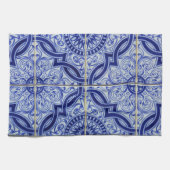 青と白の生地中海の鮮タイル模様 キッチンタオル (横)