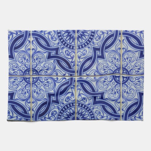 青と白の生地中海の鮮タイル模様 キッチンタオル (横)
