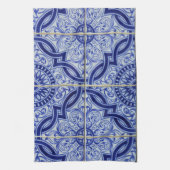 青と白の生地中海の鮮タイル模様 キッチンタオル (縦)