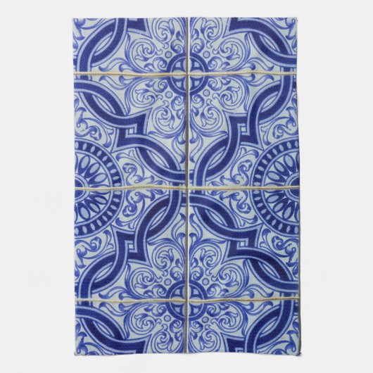 青と白の生地中海の鮮タイル模様 キッチンタオル (縦)