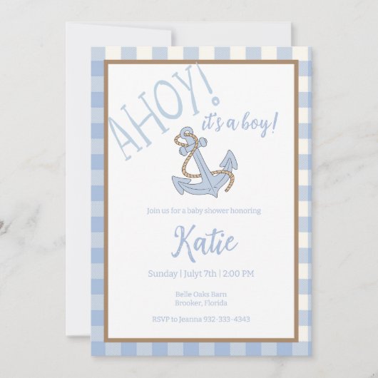青と白の男の子の赤ちゃんシャワー 招待状 (正面)