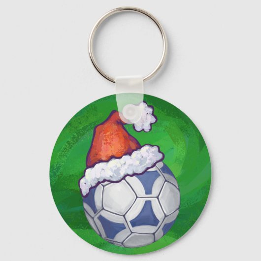 青と白の祭りのサッカーボール（緑の背景） キーホルダー (正面)