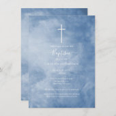 青と白の空の雲の天の十字洗礼 招待状 (正面/裏面)