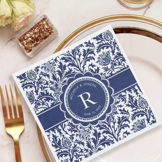 青と白の結婚ウィリアム・モリス・モノグラム スタンダードランチョンナプキン