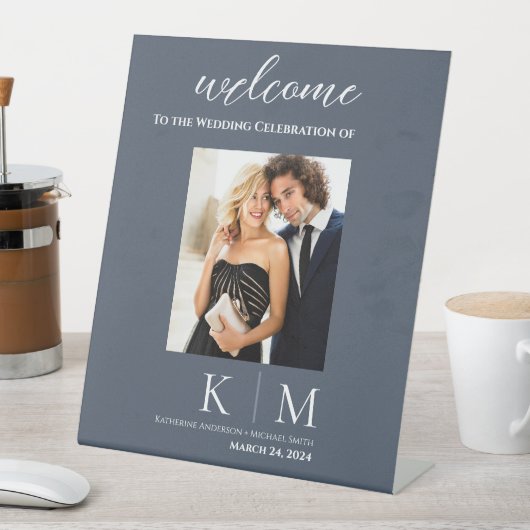 青と白の結婚写真歓迎サイン –  台座サイン (インサイチュ)