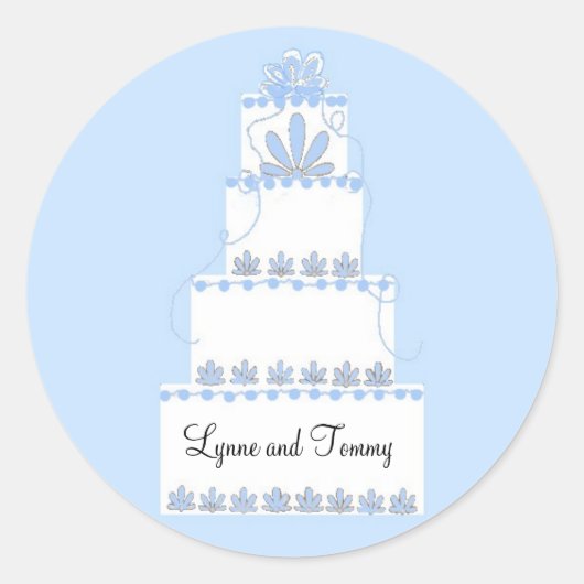 青と白の結婚式のケーキ ラウンドシール (正面)