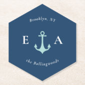 青と白の航海のいかりカップルのモノグラム ペーパーコースター (正面)