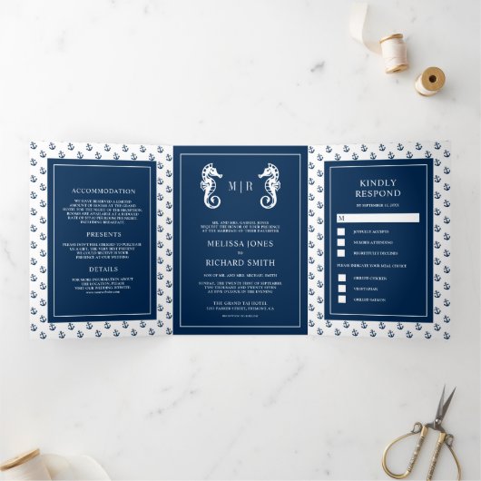 青と白の航海のいかりシ結婚ーホース 三つ折り招待状 (内部)