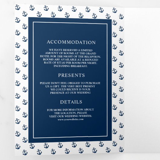 青と白の航海のいかりシ結婚ーホース 三つ折り招待状 (内部最初)