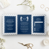 青と白の航海のいかりシ結婚ーホース 三つ折り招待状