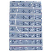 青と白の航海のいかり ミディアムペーパーバッグ (正面)