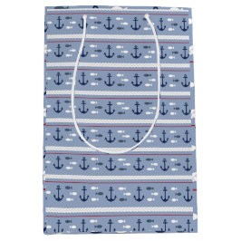 青と白の航海のいかり ミディアムペーパーバッグ