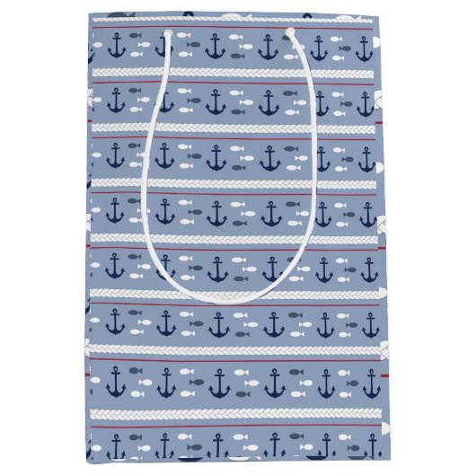 青と白の航海のいかり ミディアムペーパーバッグ (正面)