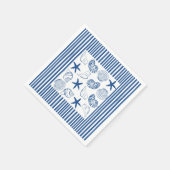 青と白の航海のストライプとシェル スタンダードカクテルナプキン (角)