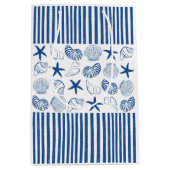 青と白の航海のストライプとシェル ミディアムペーパーバッグ (正面)