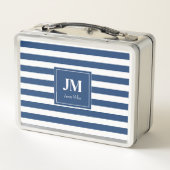 青と白の航海のストライプモノグラム メタルランチボックス (裏面)