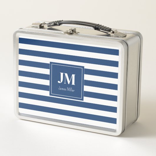 青と白の航海のストライプモノグラム メタルランチボックス (正面)
