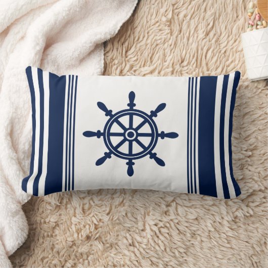 青と白の航海の枕、船舶用車輪 ランバークッション (ブランケット)