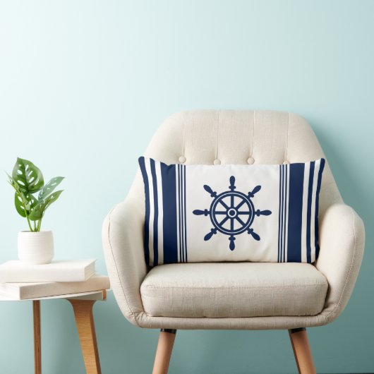 青と白の航海の枕、船舶用車輪 ランバークッション (椅子)