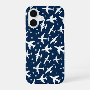 青と白の航空機パターン iPhone 16ケース
