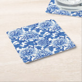 青と白の芍薬 チャイニーズ・スタイルの花模様 スクエアペーパーコースター (アングル)