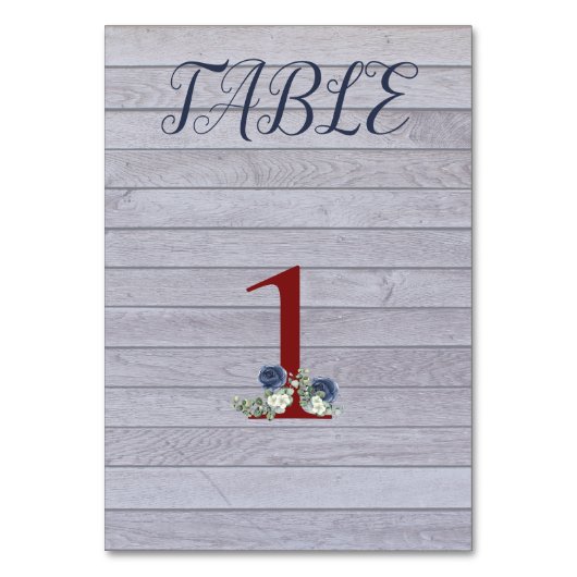 青と白の花が付いた木目の背景 テーブルナンバー (正面)
