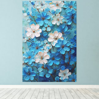 青と白の花が咲く抽象的な壁画 キャンバスプリント
