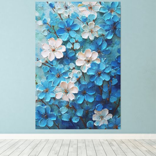 青と白の花が咲く抽象的な壁画 キャンバスプリント (インサイチュ (ウッドフロア))
