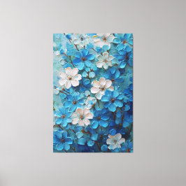 青と白の花が咲く抽象的な壁画 キャンバスプリント