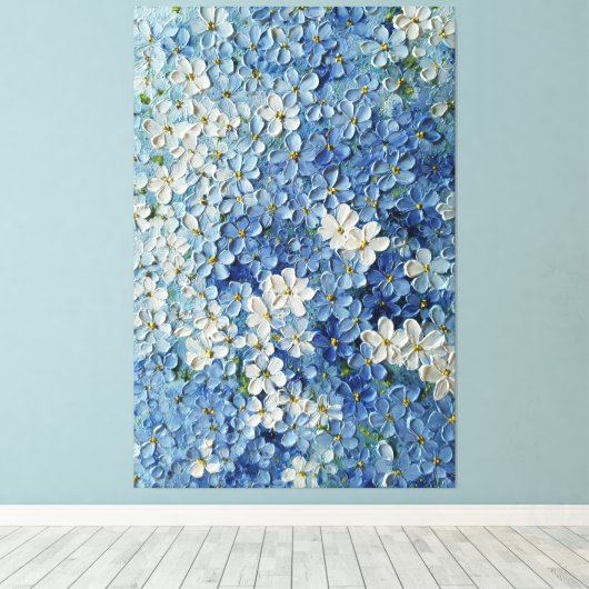 青と白の花が緑の抽象的な壁画に咲く キャンバスプリント (インサイチュ (ウッドフロア))