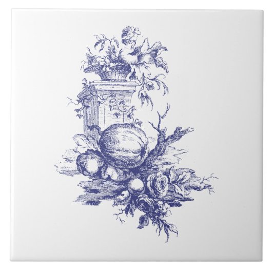 青と白の花と果実 タイル (正面)