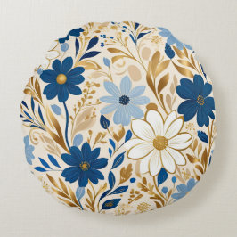 青と白の花と金ゴールド離れ ラウンドクッション