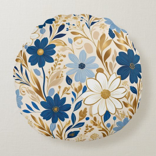 青と白の花と金ゴールド離れ ラウンドクッション (正面)