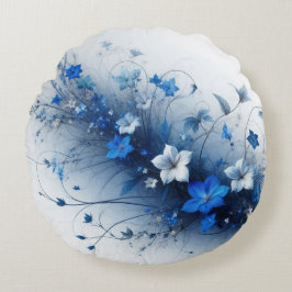 青と白の花のつる模様  ラウンドクッション