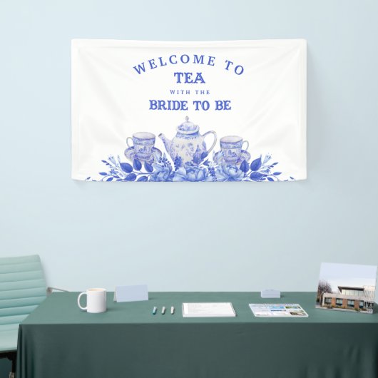 青と白の花のウェディングシャワーの歓迎 横断幕 (トレードショー)