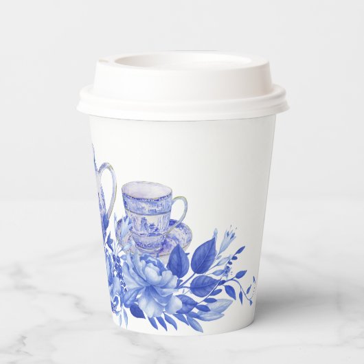 青と白の花のウェディングシャワー | ティーパーティー 紙コップ (裏面)