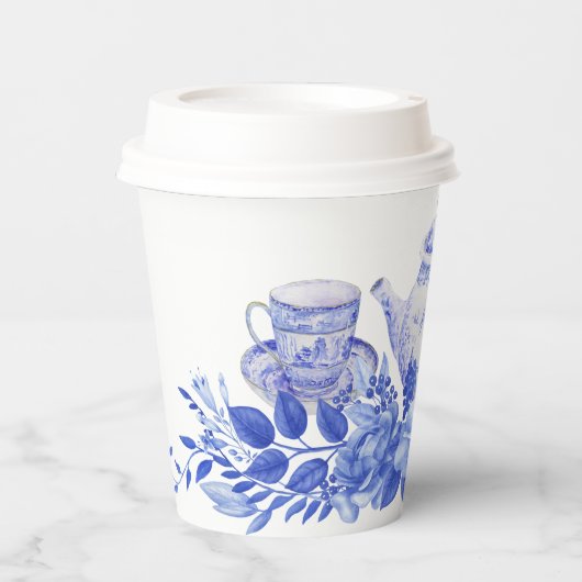 青と白の花のウェディングシャワー | ティーパーティー 紙コップ (正面)