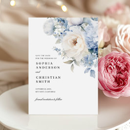 青と白の花のウェディング・セーブ・ザ・デートカード 招待状