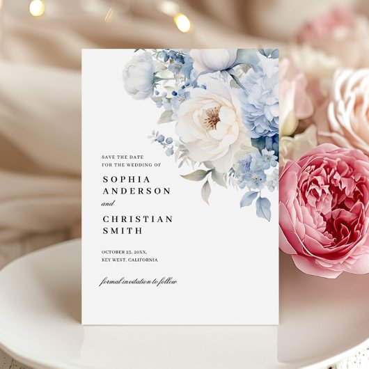 青と白の花のウェディング・セーブ・ザ・デートカード 招待状