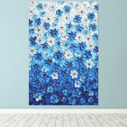 青と白の花のグラデーション抽象壁画 キャンバスプリント (インサイチュ (ウッドフロア))