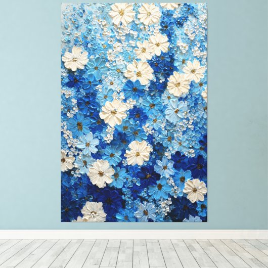 青と白の花のグラデーション抽象壁画 キャンバスプリント (インサイチュ (ウッドフロア))