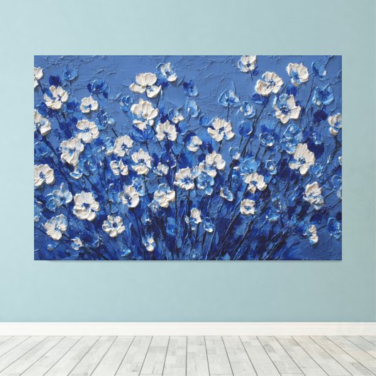 青と白の花のテクスチャーアート - 抽象画 キャンバスプリント (インサイチュ (ウッドフロア))