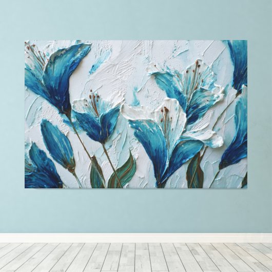 青と白の花のテクスチャード抽象壁アート キャンバスプリント (インサイチュ (ウッドフロア))