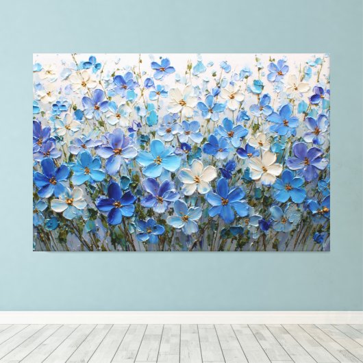 青と白の花のテクスチャー絵画 - 抽象画 キャンバスプリント (インサイチュ (ウッドフロア))
