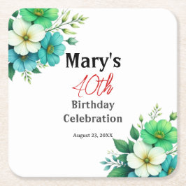 青と白の花のブーケ 誕生日テンプレート スクエアペーパーコースター