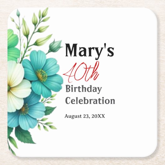 青と白の花のブーケ 誕生日テンプレート スクエアペーパーコースター (正面)