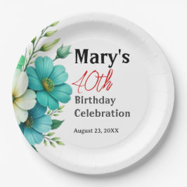 青と白の花のブーケ 誕生日テンプレート ペーパープレート