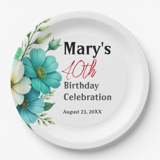 青と白の花のブーケ 誕生日テンプレート ペーパープレート (正面)